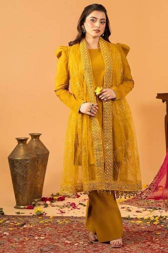 Musterd embroidered straight kurta with farshi salwar & dupatta set