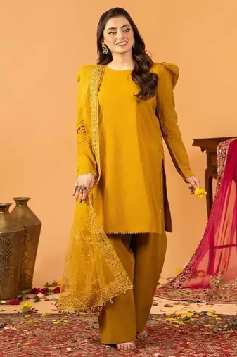 Musterd embroidered straight kurta with farshi salwar & dupatta set