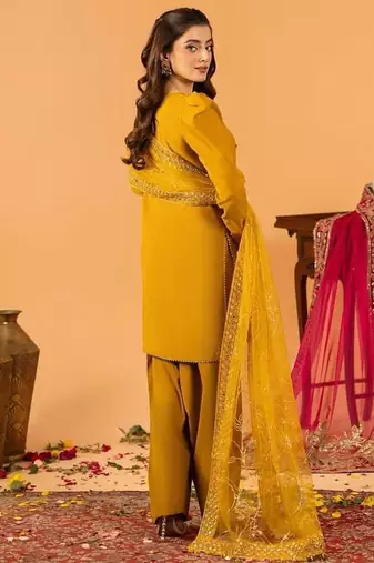 Musterd embroidered straight kurta with farshi salwar & dupatta set