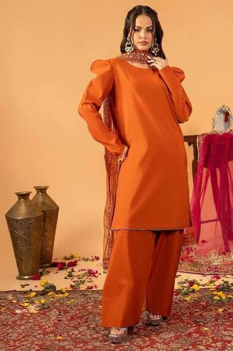 Orange embroidered straight kurta with farshi salwar & dupatta set