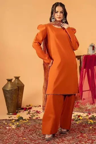 Orange embroidered straight kurta with farshi salwar & dupatta set