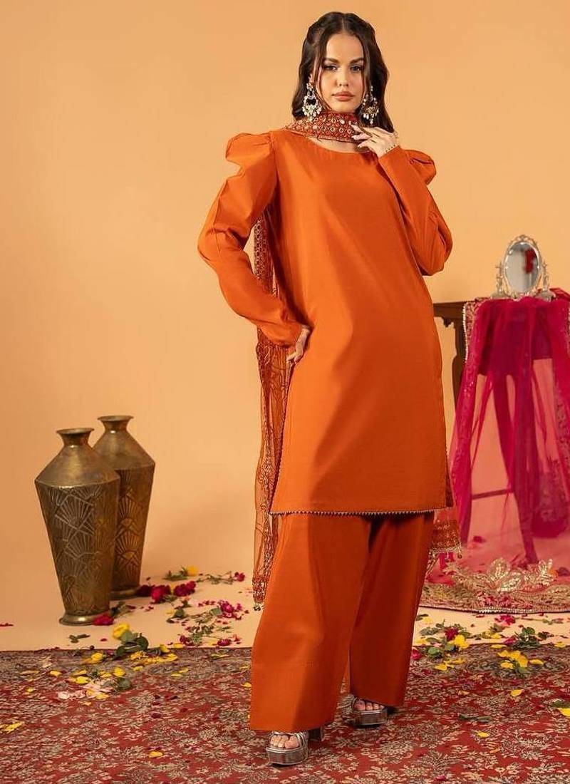 Orange embroidered straight kurta with farshi salwar & dupatta set