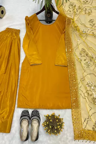 Musterd embroidered straight kurta with farshi salwar & dupatta set
