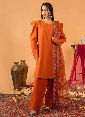 Orange embroidered straight kurta with farshi salwar & dupatta set 2
