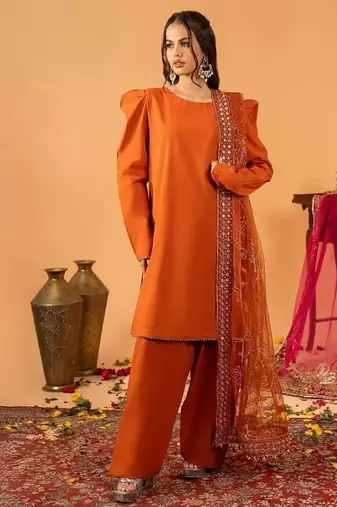 Orange embroidered straight kurta with farshi salwar & dupatta set