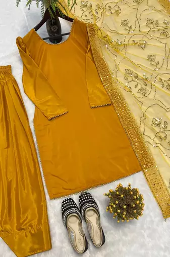 Musterd embroidered straight kurta with farshi salwar & dupatta set