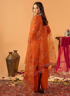 Orange embroidered straight kurta with farshi salwar & dupatta set 3