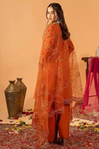 Orange embroidered straight kurta with farshi salwar & dupatta set