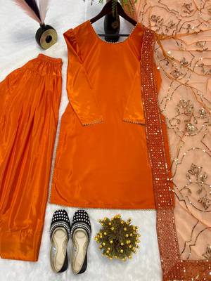 Orange embroidered straight kurta with farshi salwar & dupatta set 4