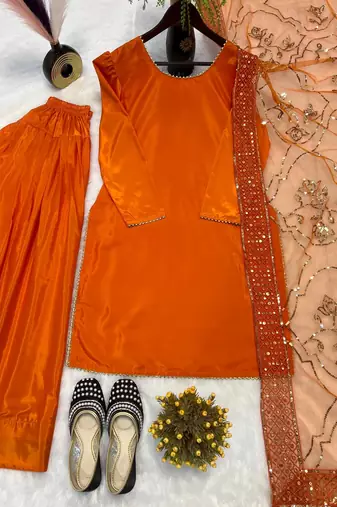 Orange embroidered straight kurta with farshi salwar & dupatta set