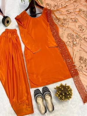 Orange embroidered straight kurta with farshi salwar & dupatta set 5