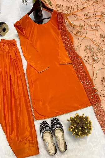 Orange embroidered straight kurta with farshi salwar & dupatta set
