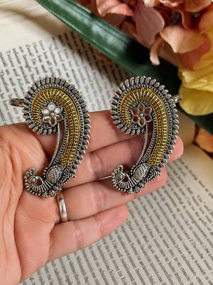 Silver oxidized  pair of peacock ear cuff earrings 1