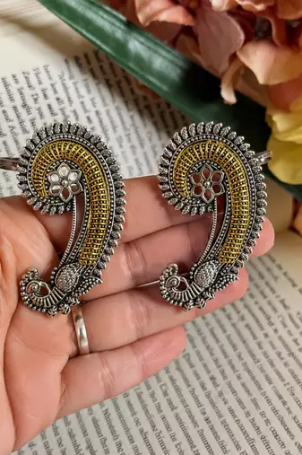 Silver oxidized  pair of peacock ear cuff earrings
