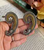 Silver oxidized  pair of peacock ear cuff earrings