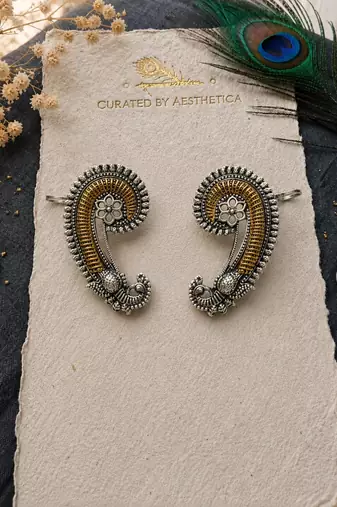 Silver oxidized  pair of peacock ear cuff earrings