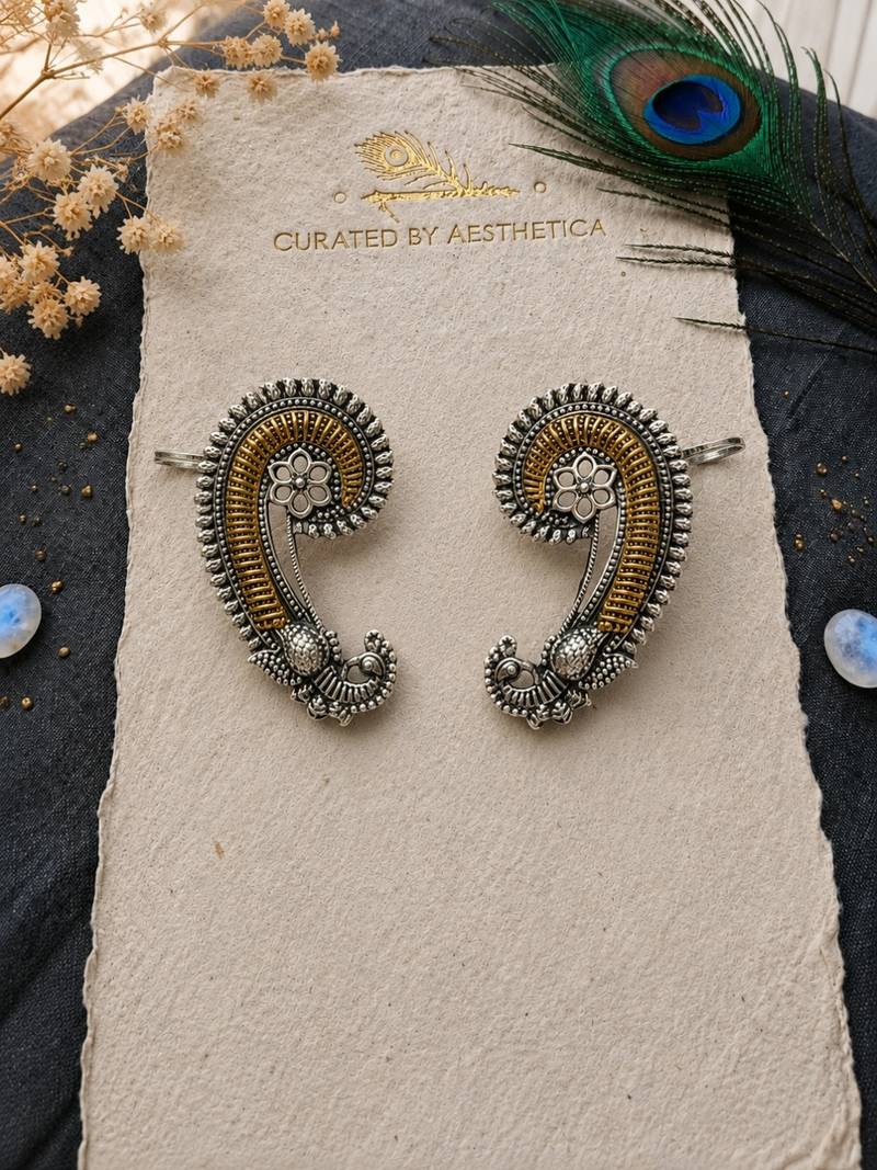 Silver oxidized  pair of peacock ear cuff earrings