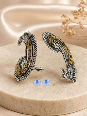 Silver oxidized  pair of peacock ear cuff earrings 3