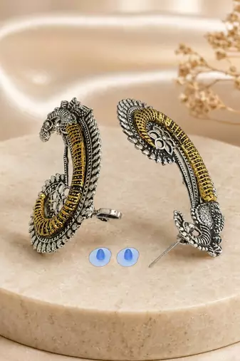 Silver oxidized  pair of peacock ear cuff earrings