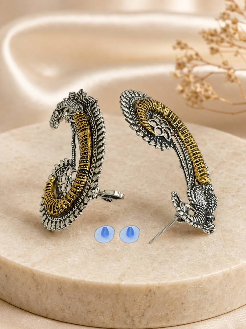 Silver oxidized  pair of peacock ear cuff earrings