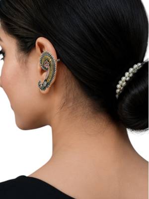 Silver oxidized  pair of peacock ear cuff earrings 5