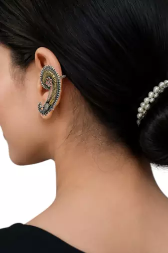 Silver oxidized  pair of peacock ear cuff earrings