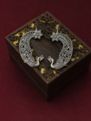 Two tone oxidized pair of peacock ear cuff earrings 1