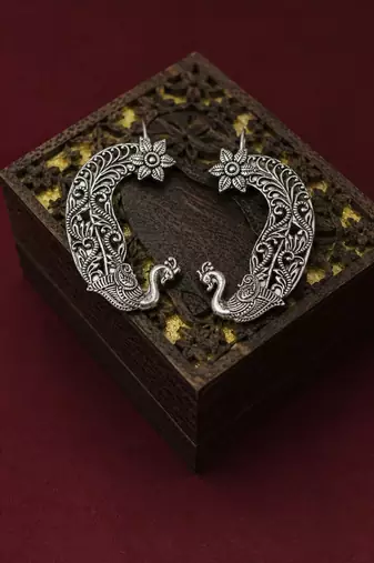 Two tone oxidized pair of peacock ear cuff earrings