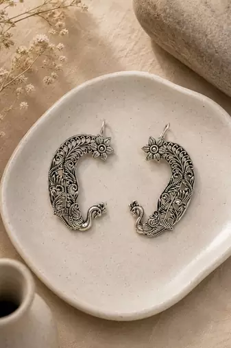 Two tone oxidized pair of peacock ear cuff earrings