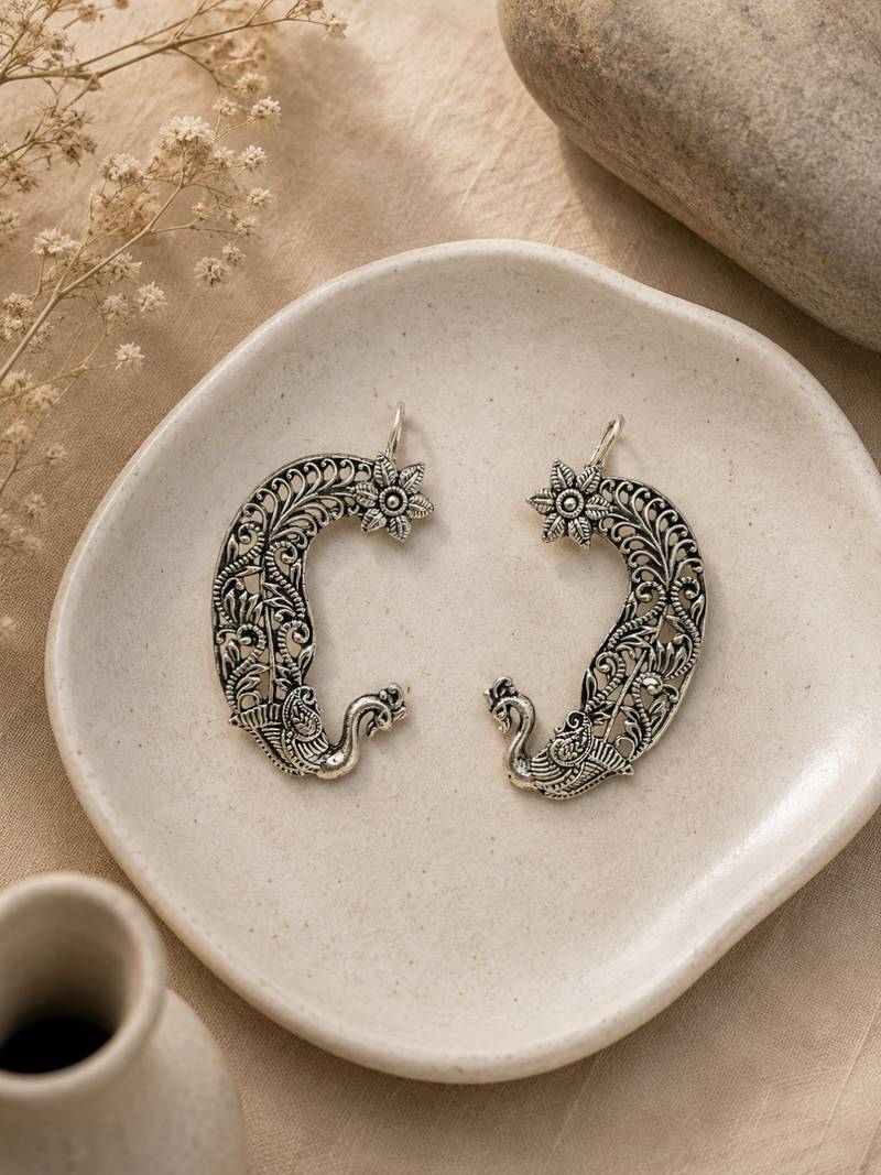Two tone oxidized pair of peacock ear cuff earrings