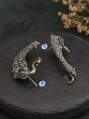 Two tone oxidized pair of peacock ear cuff earrings 3