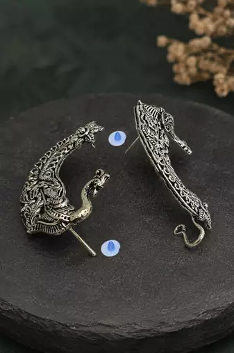 Two tone oxidized pair of peacock ear cuff earrings