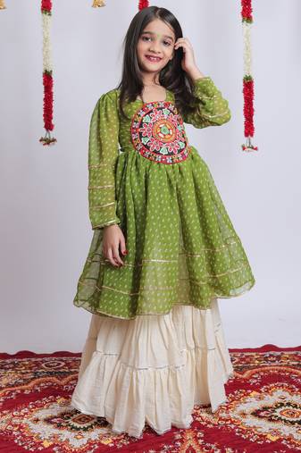 Navaratri special gota patti work lehenga with gamthi patch real mirror work top for kids
