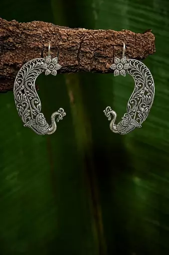 Two tone oxidized pair of peacock ear cuff earrings