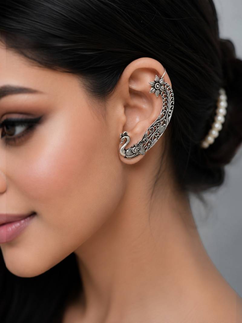 Two tone oxidized pair of peacock ear cuff earrings