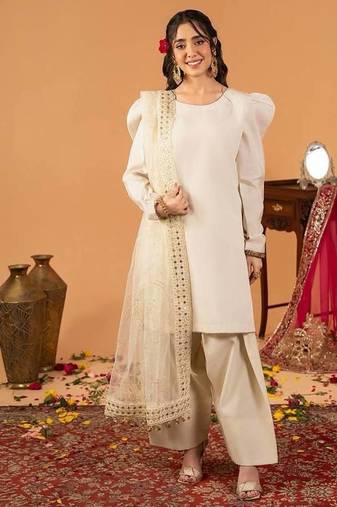 White embroidered straight kurta with farshi salwar & dupatta set