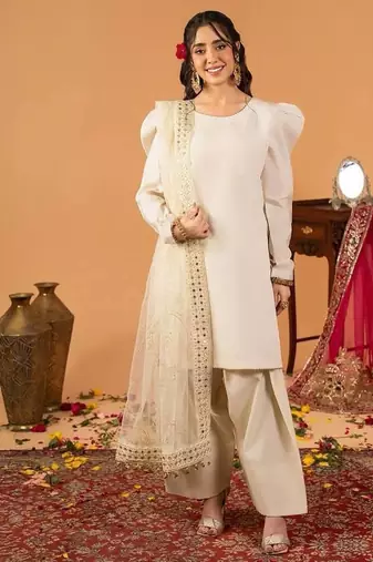 White embroidered straight kurta with farshi salwar & dupatta set