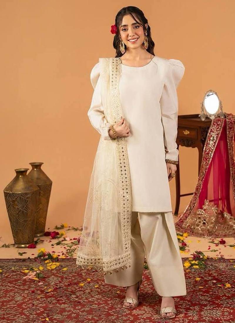 White embroidered straight kurta with farshi salwar & dupatta set