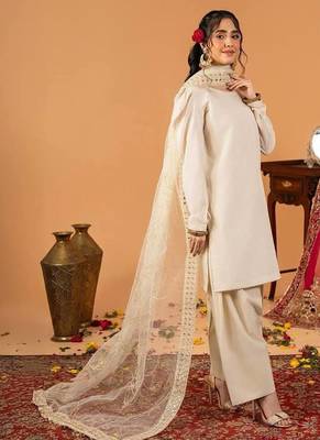 White embroidered straight kurta with farshi salwar & dupatta set 2