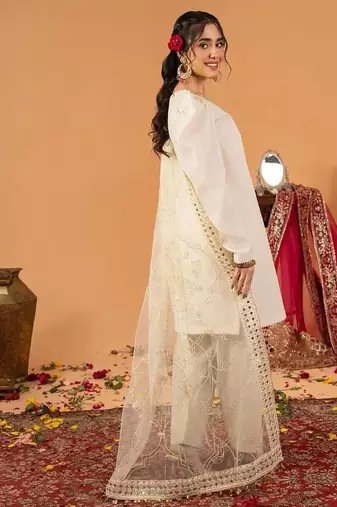White embroidered straight kurta with farshi salwar & dupatta set