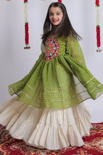 Navaratri special gota patti work lehenga with gamthi patch real mirror work top for kids