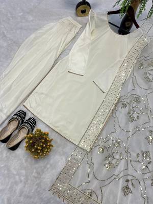 White embroidered straight kurta with farshi salwar & dupatta set 4