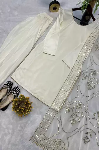 White embroidered straight kurta with farshi salwar & dupatta set