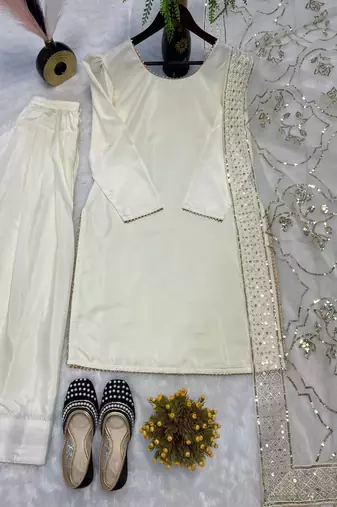 White embroidered straight kurta with farshi salwar & dupatta set
