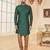 Green heavy jacquard sherwani set with full zari embroidery, minimal detailing, and fancy buttons.