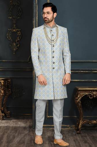 Multy colour heavy classic sherwani with thread and stone work,hand amrodery on collar & botton,