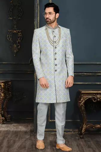 Multy colour heavy classic sherwani with thread and stone work,hand amrodery on collar & botton,