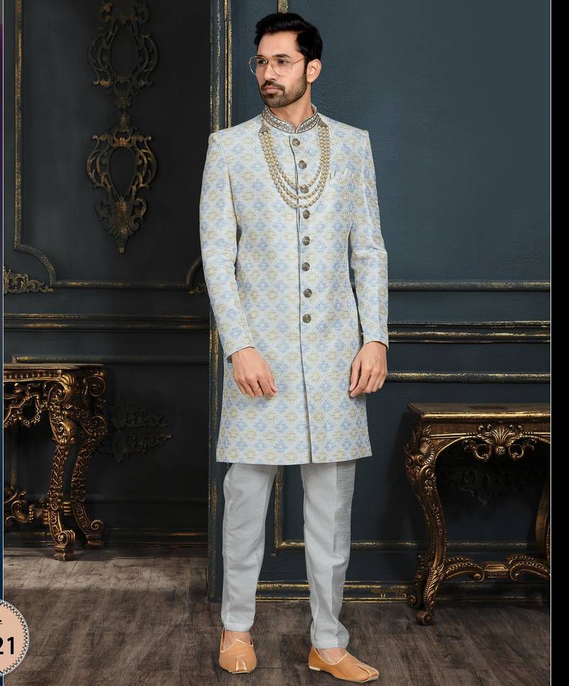 Multy colour heavy classic sherwani with thread and stone work,hand amrodery on collar & botton,
