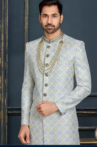 Multy colour heavy classic sherwani with thread and stone work,hand amrodery on collar & botton,