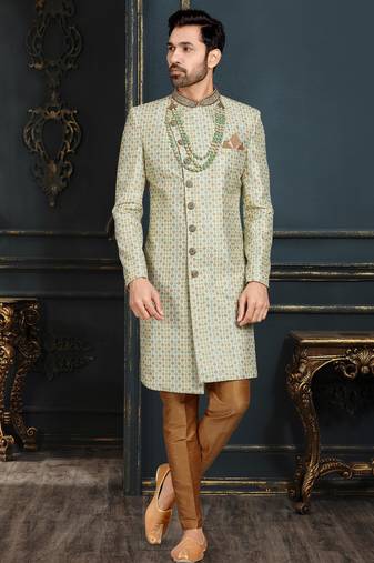 Multy colour heavy classic sherwani with thread and stone work,hand amrodery on collar & botton,